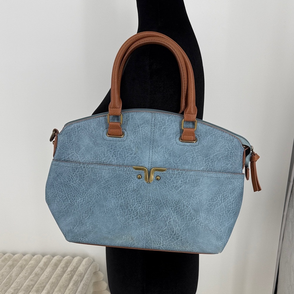 Beuno Women’s Blue vegan leather Satchel Handbag with Brown Handles